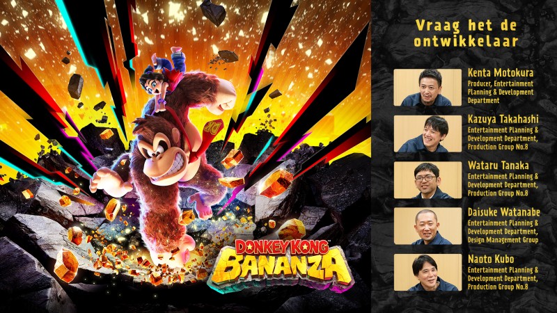 Donkey Kong Bananza poster en een overzicht van de ontwikkelaars.