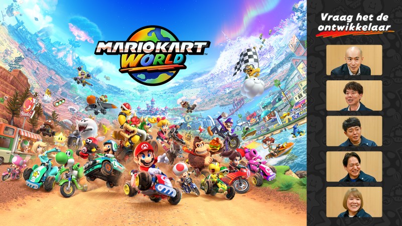 Mario Kart World poster en een overzicht van de ontwikkelaars.